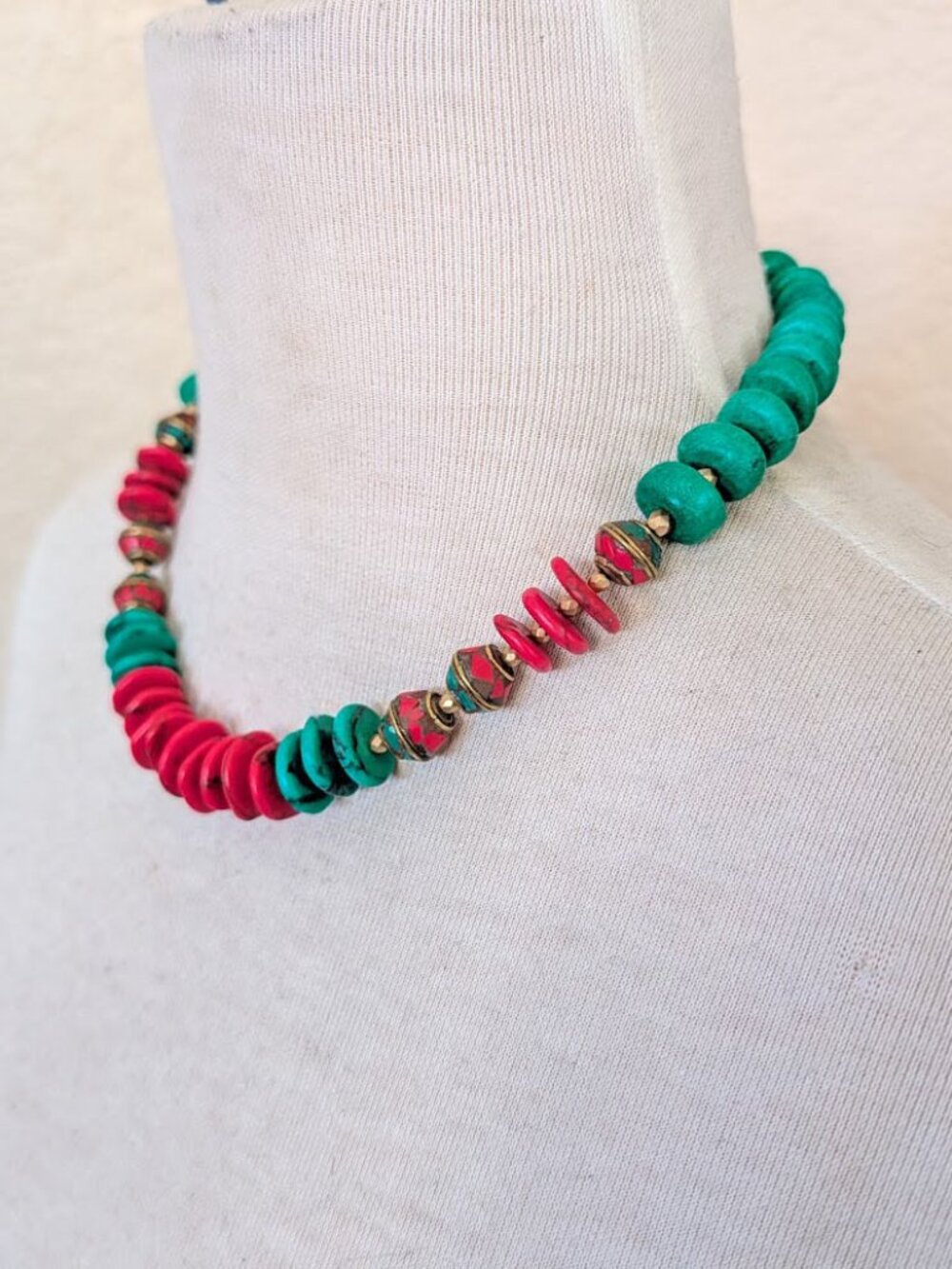 Southwestern Turquoise Blue & Red Coral Antiqued Gold Statement Necklace - Picture 2 of 3